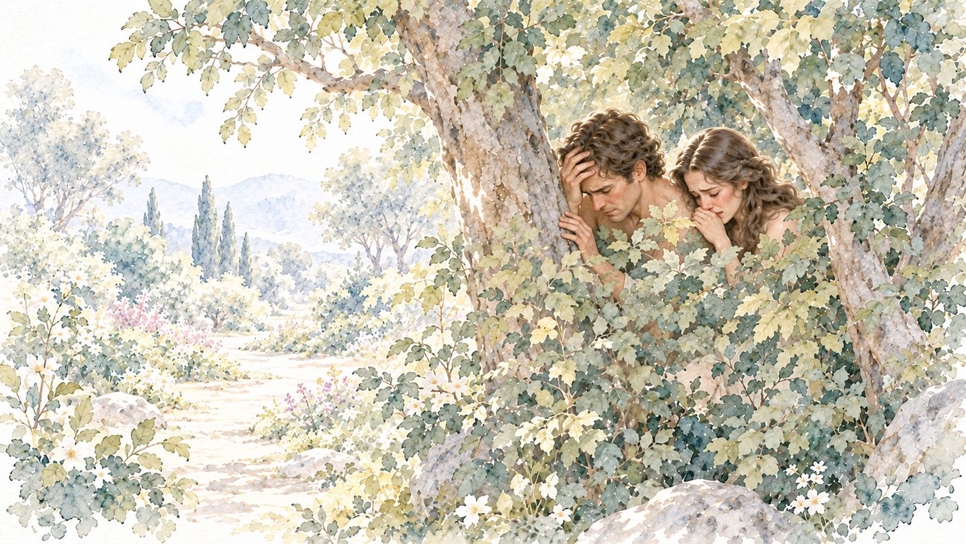 Watercolor: Adam and Eve crouch behind a tree trunk and thick leaves, Adam holding his head and Eve weeping, while an empty path leads away through the garden.