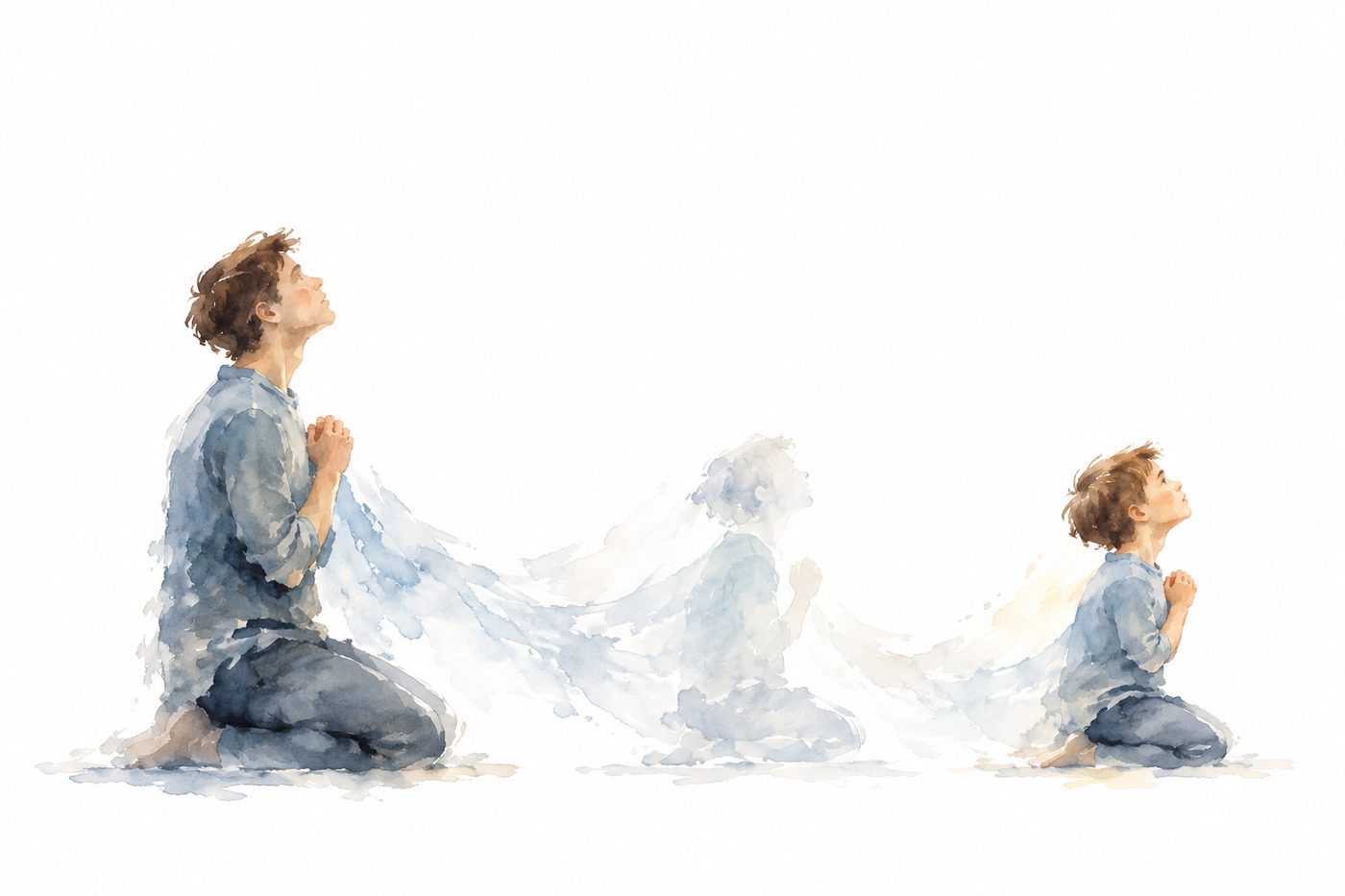 Watercolor: a grown man kneels in prayer looking upward; his form flows in soft blue washes across the page into a small child kneeling in the same prayer.