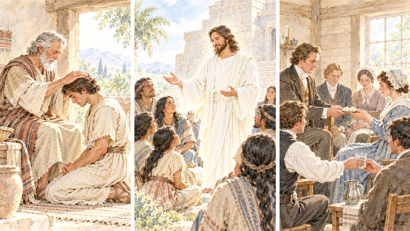 Watercolor triptych. Left: the aged Lehi lays his hand on the head of his son Jacob, who kneels. Center: the resurrected Savior, in white, teaches a gathered group of Nephite men, women and children before a stone temple. Right: early Latter-day Saints in a log home pass the sacrament bread and water to one another.