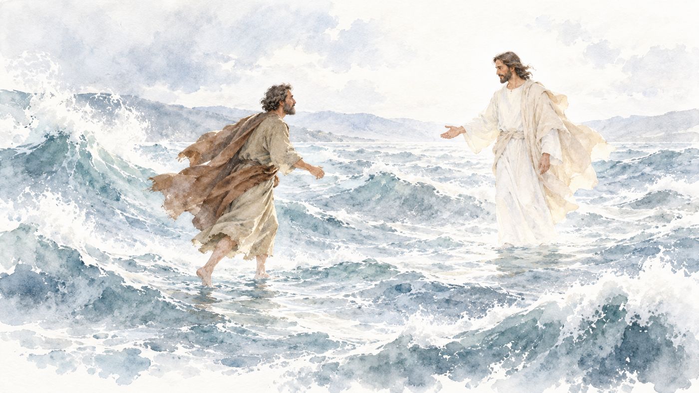 Watercolor: Peter steps out across rough waves toward Jesus, who stands on the water reaching out to him.