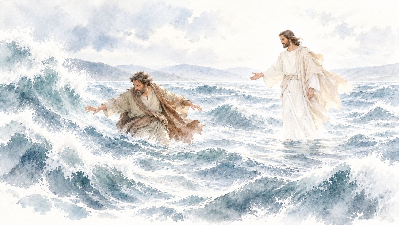 Watercolor: Peter, looking down at a rising wave, sinks to his waist with arms flung out, while Jesus reaches toward him.