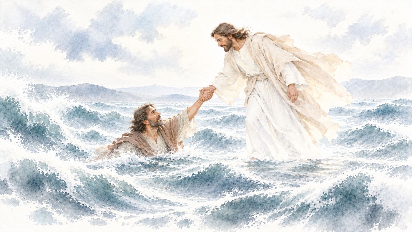 Watercolor: Jesus bends down and grasps Peter&rsquo;s hand, lifting him from the waves as Peter looks up at Him.