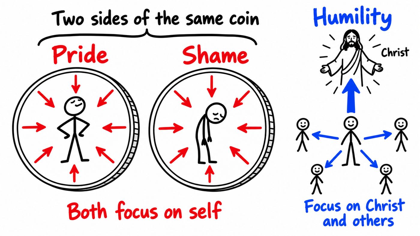 Whiteboard sketch: two coins under the heading Two sides of the same coin. On the Pride coin a figure stands with hands on hips; on the Shame coin a figure slumps; on both, red arrows point inward, labeled Both focus on self. On the right, under Humility, a figure sends one bold arrow up to Christ and smaller arrows out to the people around, labeled Focus on Christ and others.