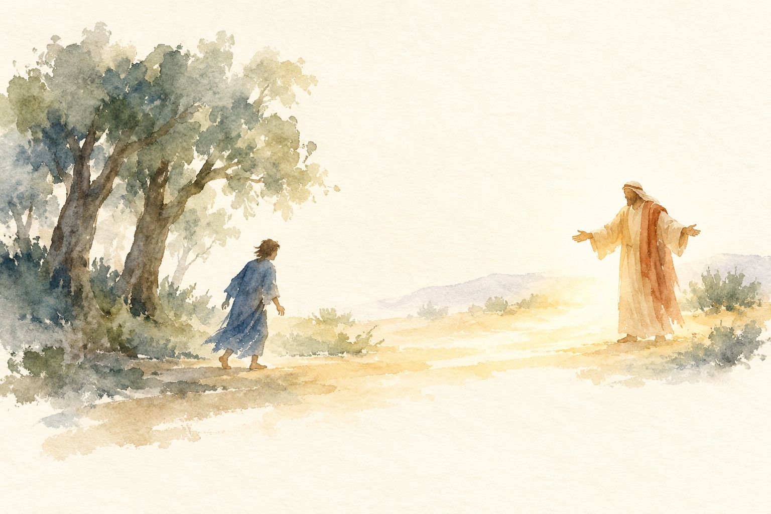 Watercolor of a young man stepping out from the shade of olive trees toward the Savior, who waits in the light with open arms