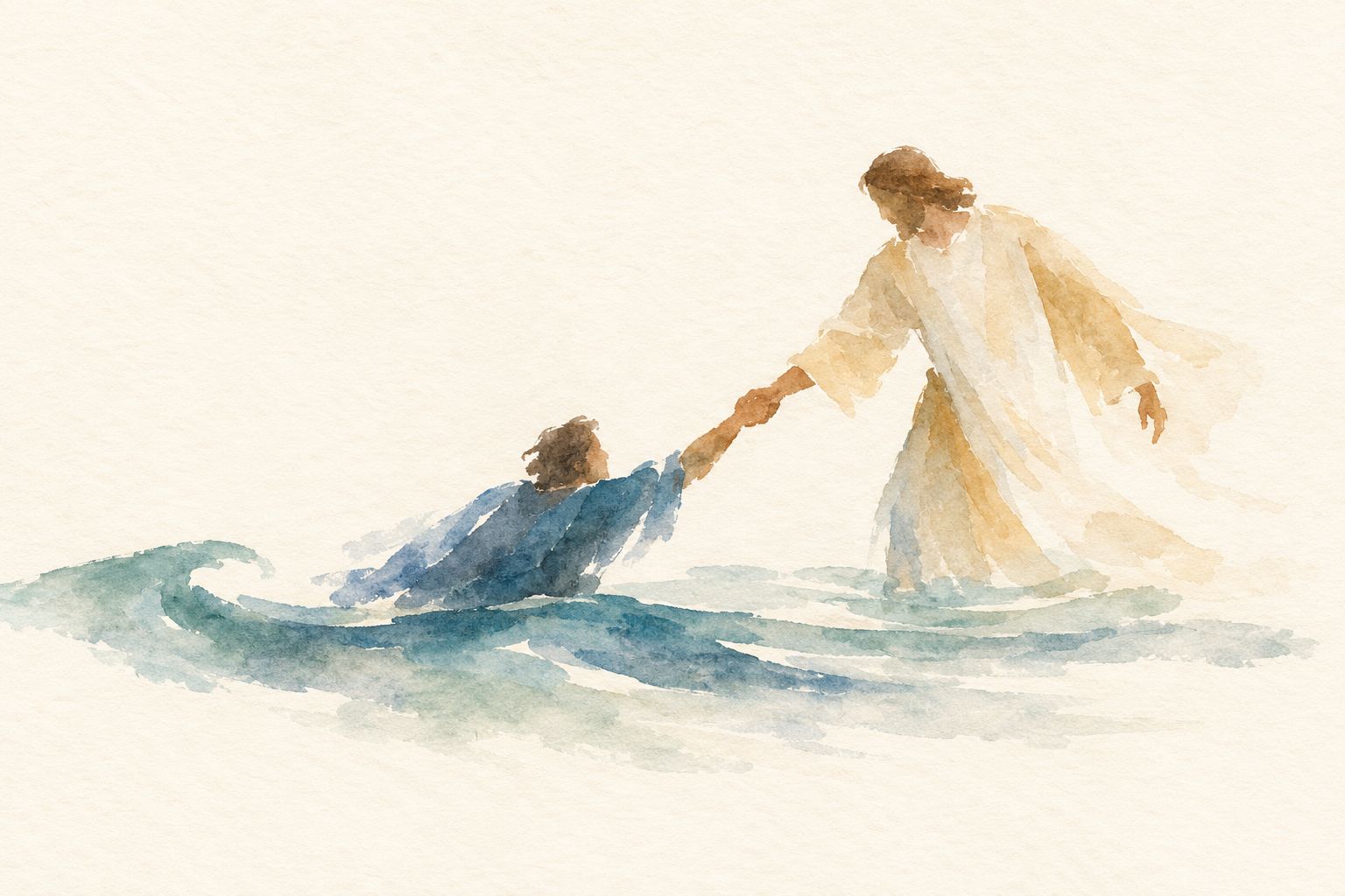 Watercolor of the Savior reaching down to catch the hand of Peter, who is sinking in the waves