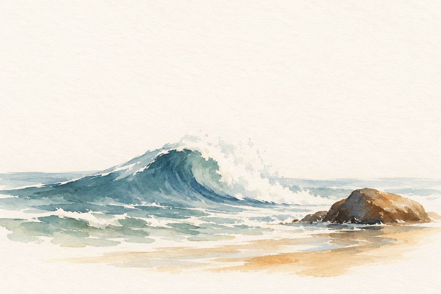 Watercolor of a single wave rising and breaking beside a rock on a quiet shore