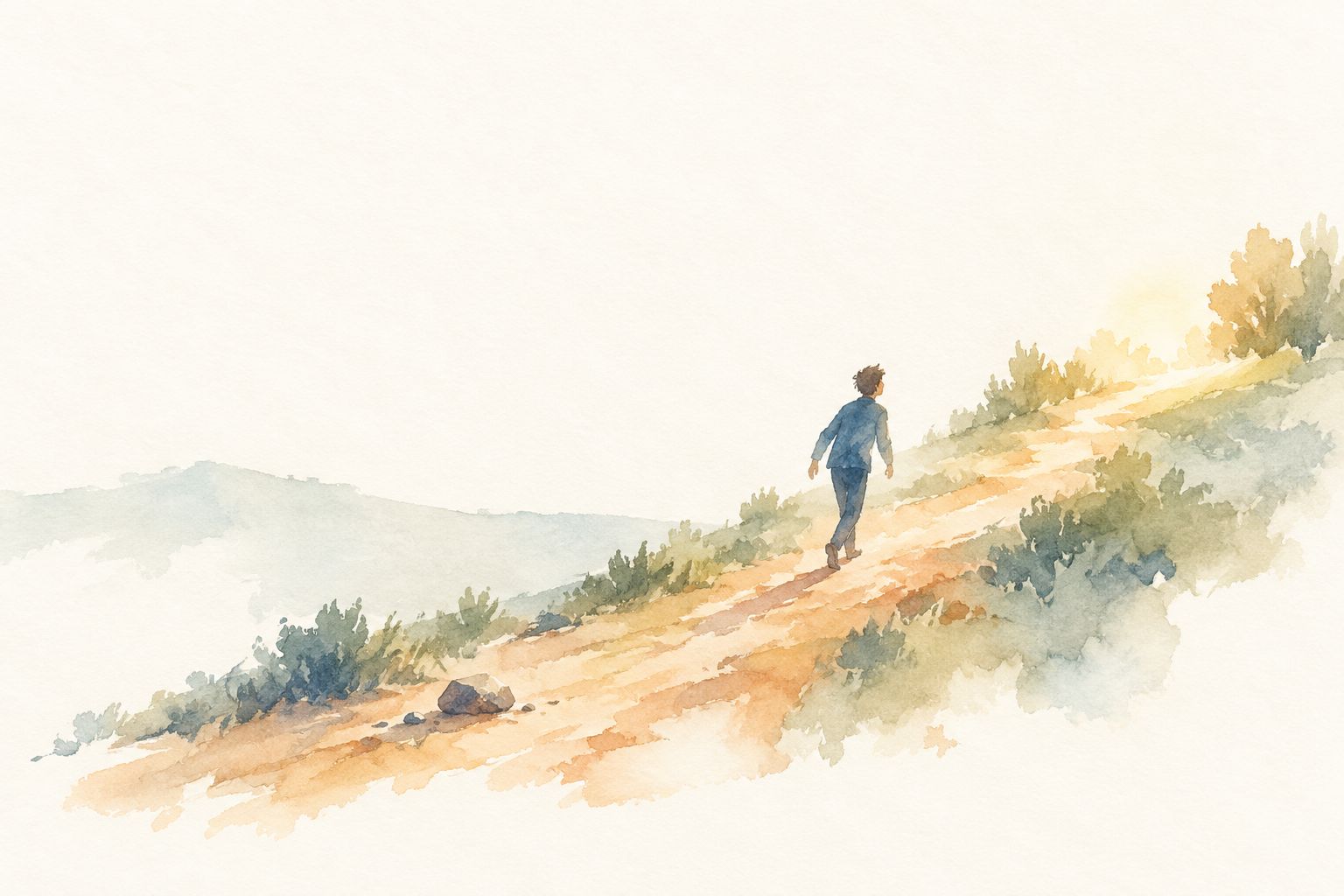 Watercolor of a lone figure walking up a long sunlit path, having risen from a stumble
